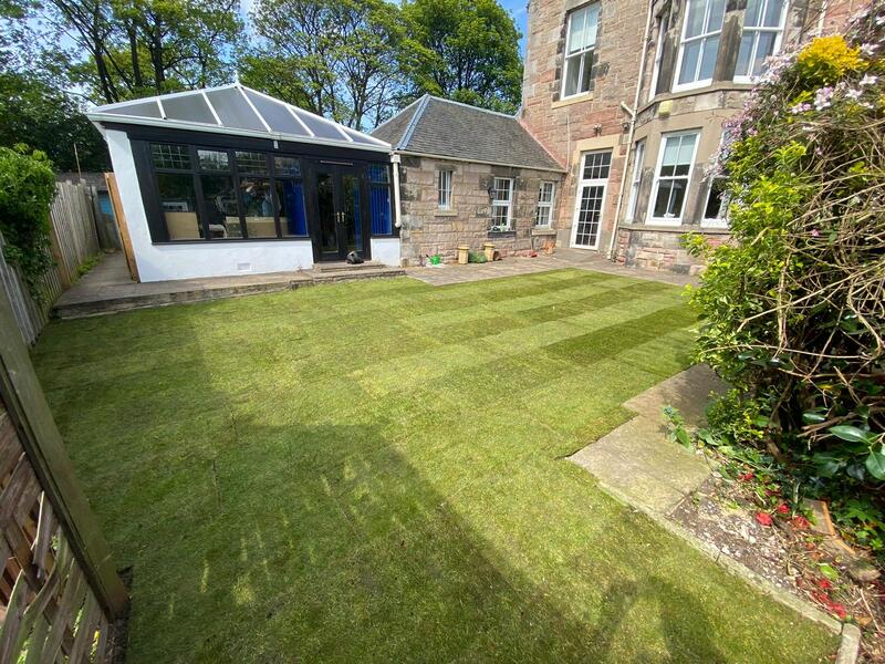 Back garden lawn turf installation in Edinburgh, click here for a lawn truf installation quote in the Edinburgh area